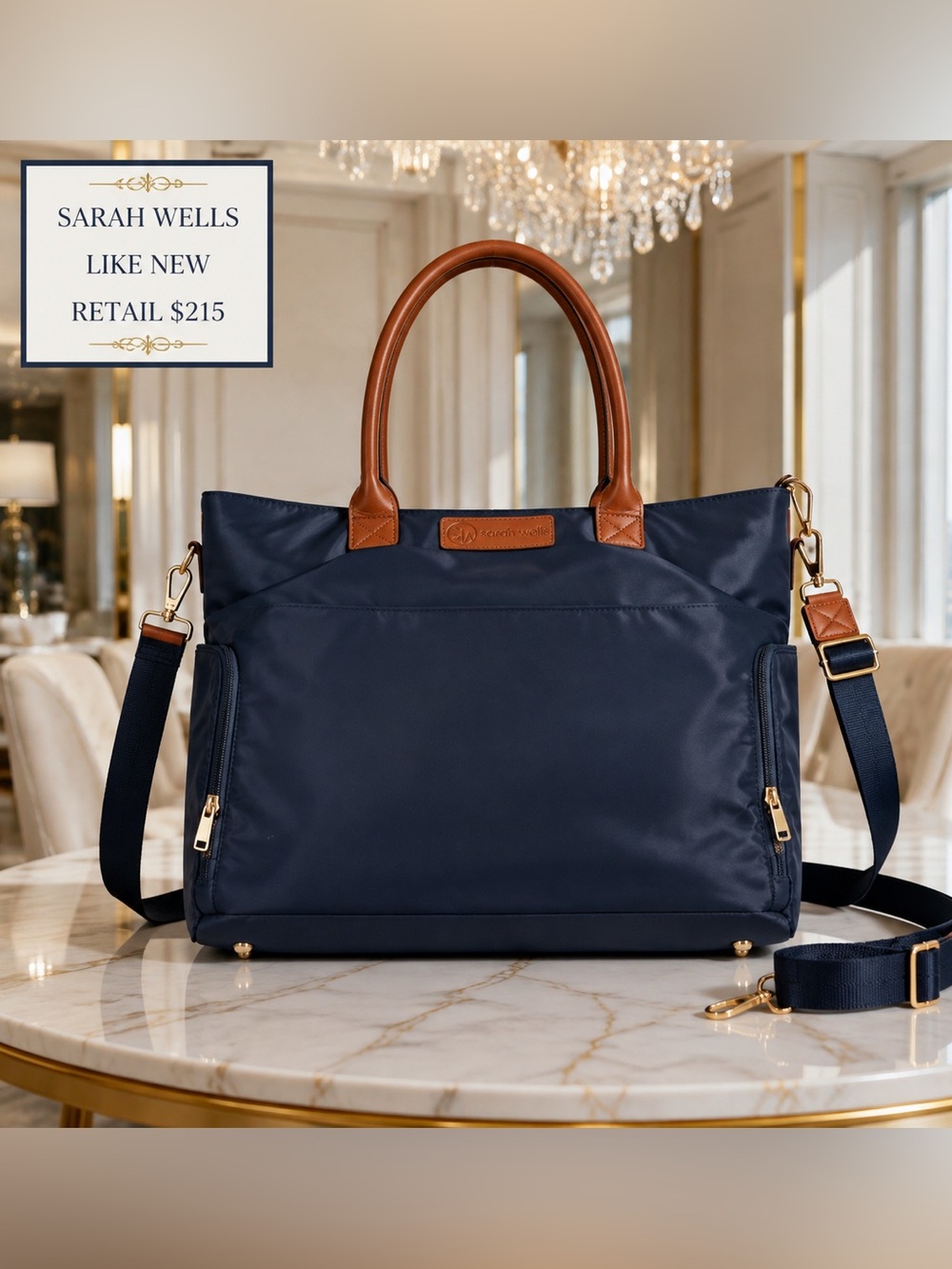 Sarah Wells Navy Tote with Brown Trim and Detachable Strap